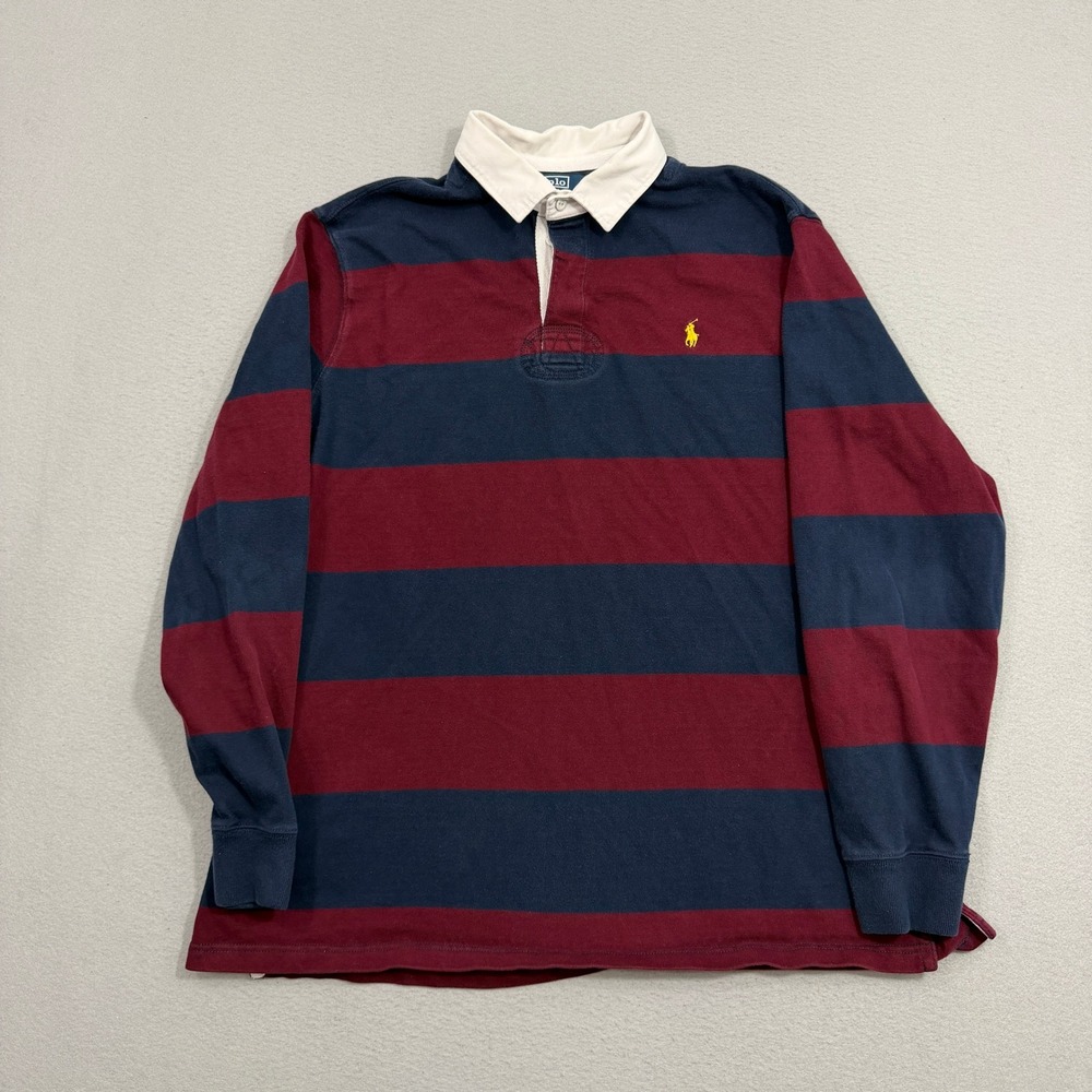 Vintage Polo Ralph Lauren Rugby Shirt Men XL Blue Burgundy Striped Long Sleeve